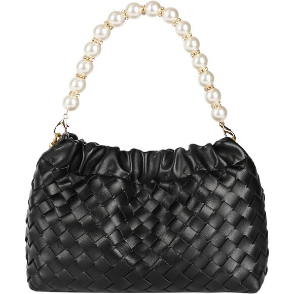 ⚡ Women's Leather Dumpling Pearl Chain Evening Black Crossbody Clutch Bag - Picture 2 of 8